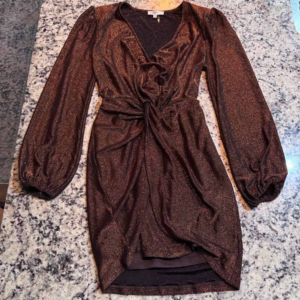 Entro Bronze Metallic Shimmer Twist Front Mini Dress Small